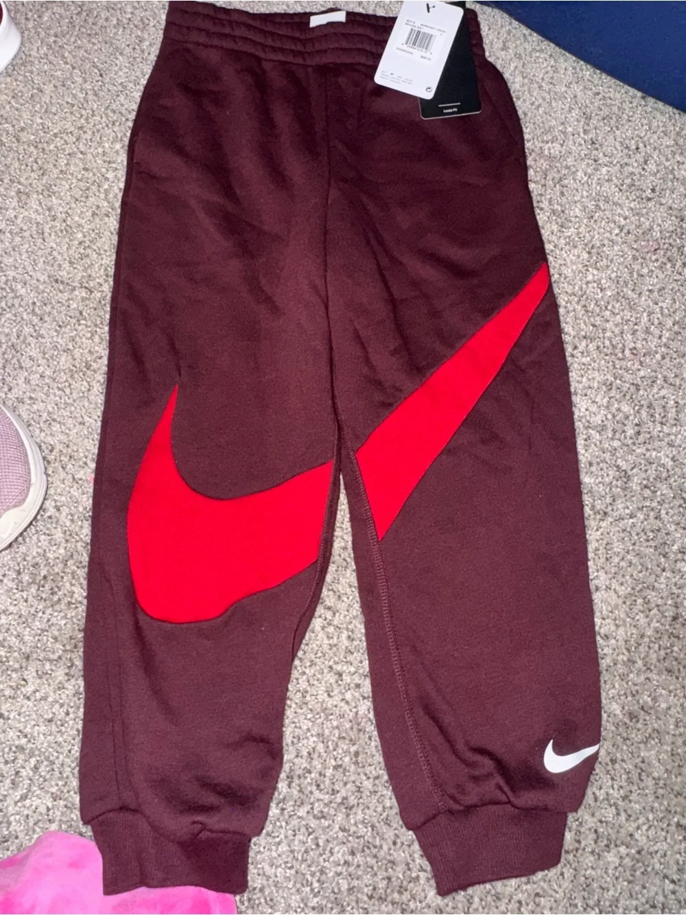 Nike Kids Maroon Joggers with Red Swoosh Accent
